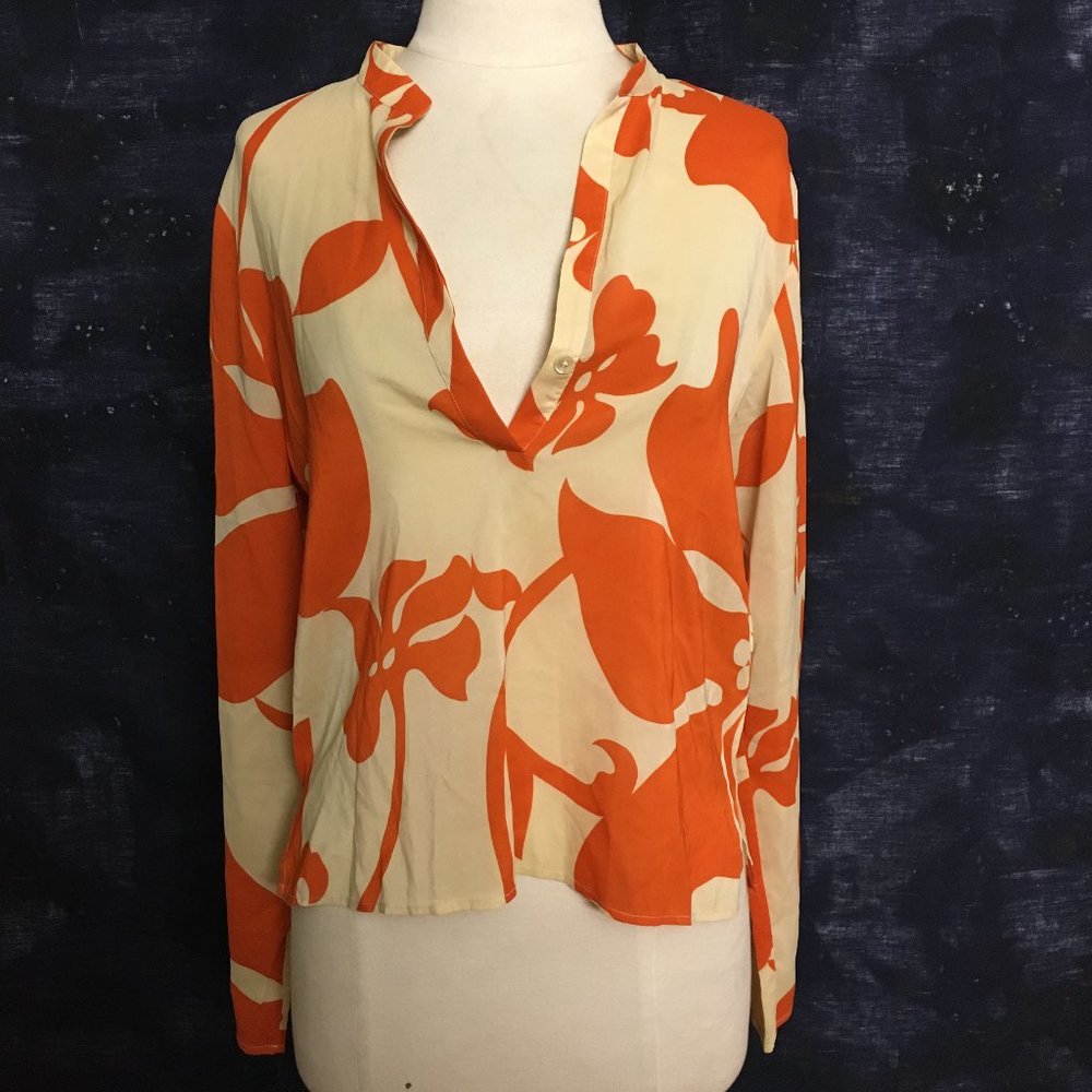 Orange Floral Pattern Design Collarless Theory Bergdorf Goodman top flowy Blouse